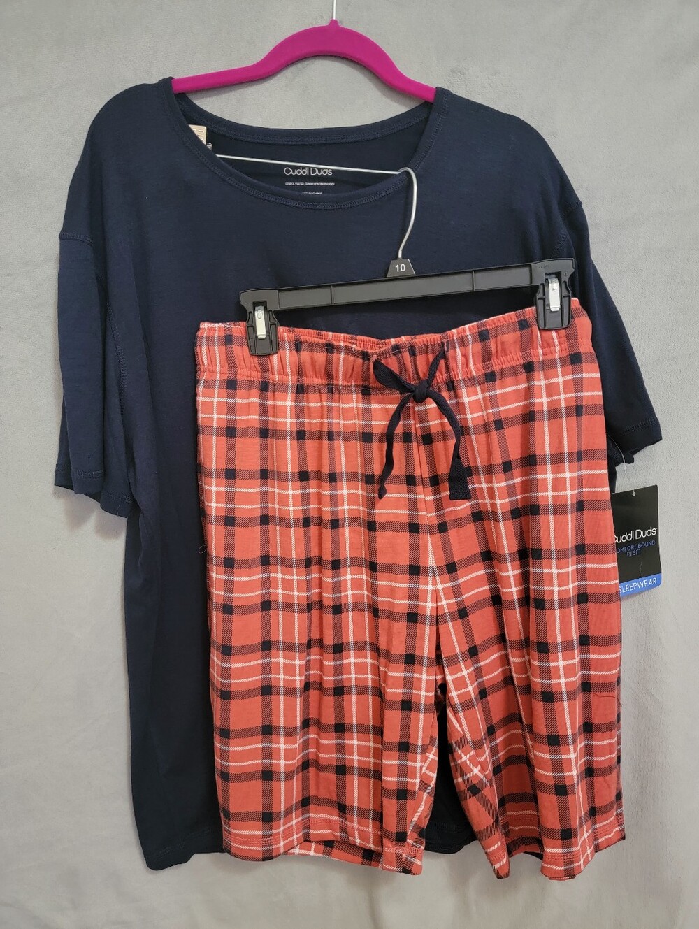 Cuddl Duds Navy Tee with Red Plaid Sleep Shorts